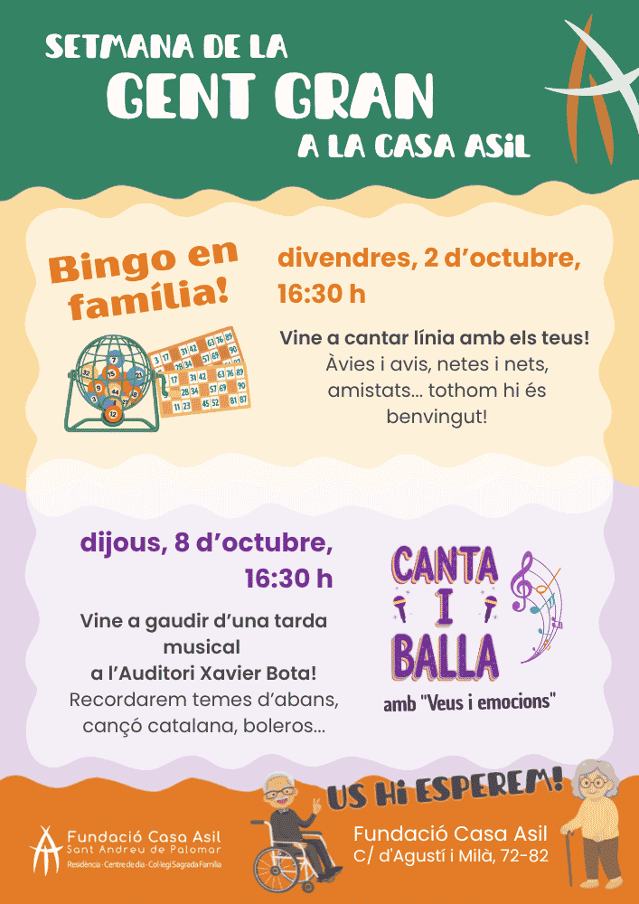 Cartell informatiusde les activitats de bingo en família i tarda musical organitzades per la Fundació Casa Asil durant la Setmana de la Gent Gran.